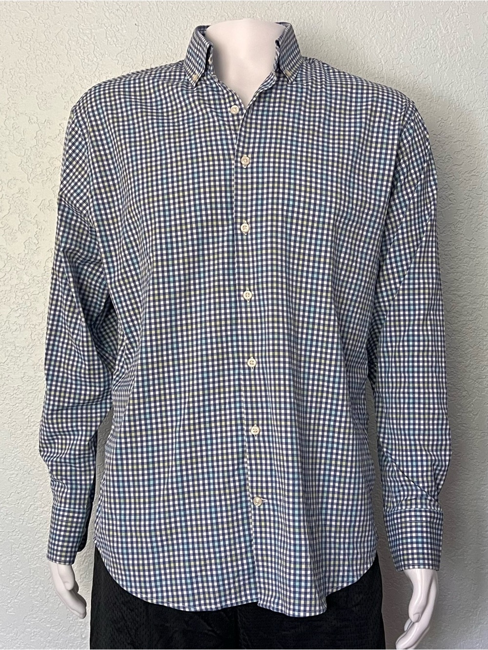 Peter Millar Summer Comfort Shirt Large Blue Plaid Stretch Golf Button Down